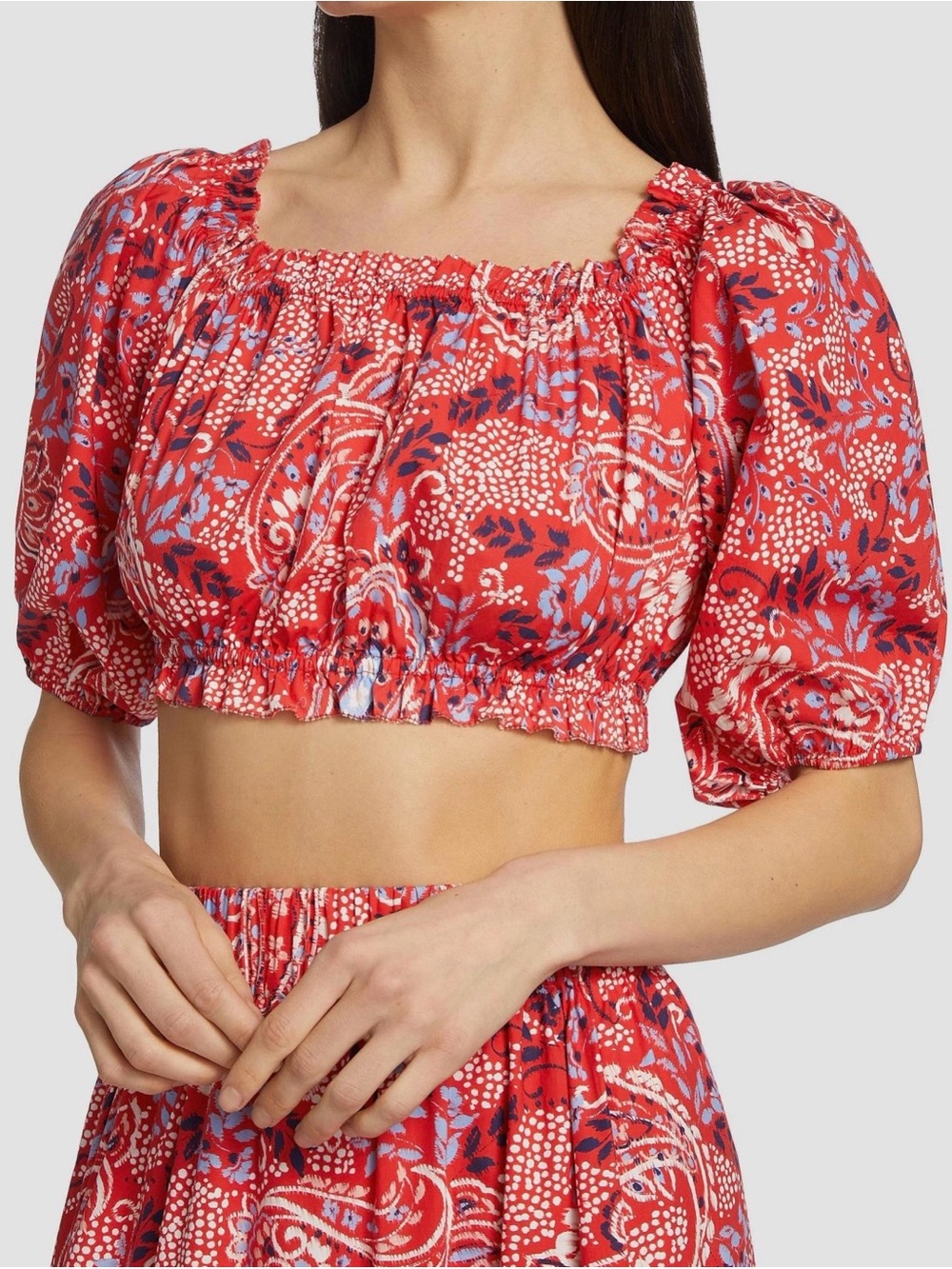 Cara Cara Red Floral Puff-Sleeve Smocked Crop Top